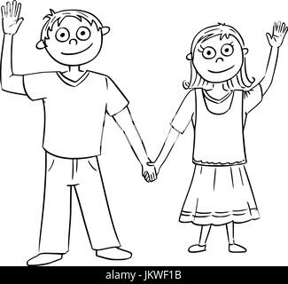 Dessin à la main cartoon vector illustration de garçon et fille ou un jeune homme et une femme se tenant les mains et en agitant. Illustration de Vecteur