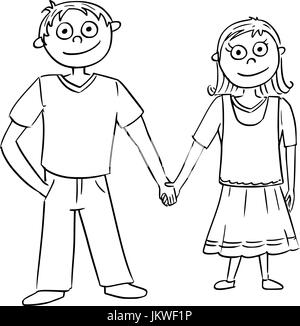 Dessin à la main cartoon vector illustration de garçon et fille ou un jeune homme et une femme se tenant les mains. Illustration de Vecteur