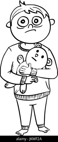 Dessin à la main cartoon vector illustration de petit garçon effrayé en pyjamas ou vêtements holding a teddy bear. Illustration de Vecteur