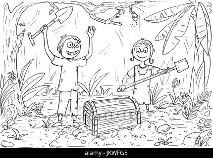 Dessin coloriage avec happy boy and girl qui ont trouvé dans le coffre au trésor des pirates de l'île tropicale de la forêt. Illustration de Vecteur