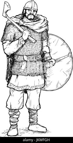 Dessin plume et encre illustration de l'ancien guerrier viking dans l'anneau du courrier avec la guerre et la protection. hache Illustration de Vecteur
