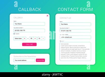 Les éléments d'interface utilisateur formulaire d'abonnement à un site web, formulaire de contact Formulaire de rappel, modèle plat Illustration de Vecteur