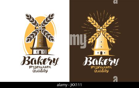 Boulangerie, pain, logo ou label. Agricole, ferme, moulin, icône de l'usine. Vintage vector illustration Illustration de Vecteur