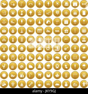 100 parties de childrens icons set gold Illustration de Vecteur