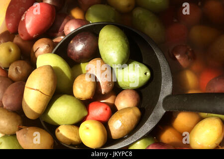 Rouge, violet, jaune, marron, noir et vert olives dans une cuillère à dessert Banque D'Images