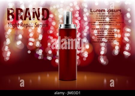 Annonces Premium pour le marketing et la publicité. Vaporisateur isolé sur fond rouge avec effet bokeh. 3D Vector illustration bouteille esthétique translucide. Illustration de Vecteur