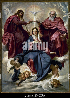 Diego Velázquez (1599-1660). Peintre espagnol. Le couronnement de la Vierge, 1635-1636. De droite à gauche, le Père éternel, Jésus, l'Esprit Saint et de la vierge entourée d'angelots. Musée du Prado. Madrid. L'Espagne. Banque D'Images