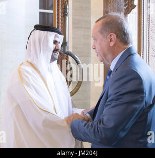 Doha. Le 25 juillet, 2017. Emir du Qatar, Cheikh Tamim bin Hamad Al Thani (L), serre la main avec les visites du Président turc, Recep Tayyip Erdogan, à Doha, Qatar, le 24 juillet 2017. Les deux dirigeants ont tenu une réunion lundi pour discuter des moyens de mettre fin à la crise diplomatique dans le Golfe. Source : Xinhua/Alamy Live News Banque D'Images