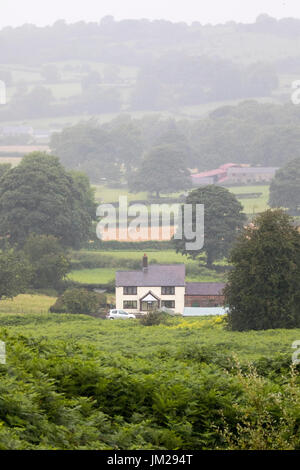 La pluie descend plus de terres agricoles en milieu rural qui entoure Tan-y-Foel cottage dans le village pittoresque de Rhes-y-cae dans Flinthsire, au nord du Pays de Galles Banque D'Images