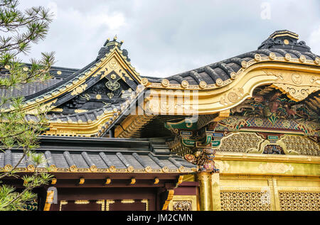 Détail de toit coloré Toshogu Jinja Shrine au parc Ueno, Tokyo, Japon. Il a été construit et dédié en 1627 à la mémoire de Tokugawa Ieyasu. Banque D'Images