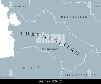 Carte politique du Turkménistan Ashgabat au capital. Anciennement connu sous le Turkmenia, un pays d'Asie centrale sur la mer Caspienne. Gris illustration. Banque D'Images