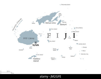 Carte politique des Fidji avec capital Suva. République, l'île de l'archipel et en Mélanésie pays dans l'océan Pacifique Sud. Gris illustration. Banque D'Images