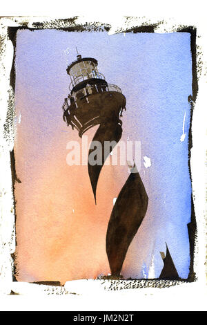 Fine art de l'aquarelle w/ photo faux frontières de Cape Hatteras lighthouse- Outer Banks, Caroline du Nord. Banque D'Images