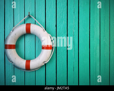 Ceinture de sauvetage de la vie ou de l'anneau sur le mur en bois. Salut, la protection et la sécurité concept. 3d illustration Banque D'Images