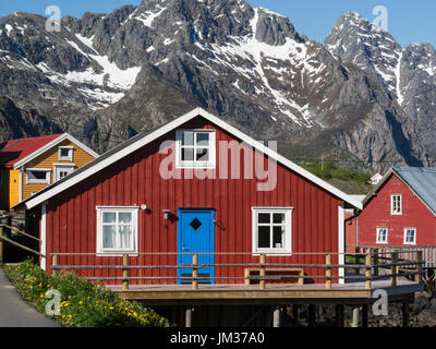 Maisons en bois norvégien typique village de pêcheurs de Henningsvaer situé sur plusieurs petites îles au large de la côte sud de l'archipel des Lofoten en Austvågøya Banque D'Images