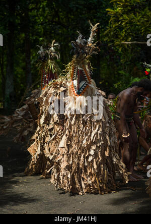 De la même tribu vêtus de costumes et masques colorés réalisés à partir des feuilles de bananiers effectuant une Rom dance, l'île d'Ambrym, Vanuatu, Fanla Banque D'Images