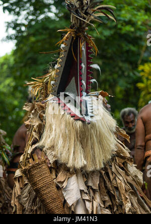 De la même tribu vêtus de costumes et masques colorés réalisés à partir des feuilles de bananiers effectuant une Rom dance, l'île d'Ambrym, Vanuatu, Fanla Banque D'Images