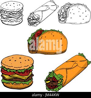 Burrito taco, hot-dog, illustrations faites main isolé sur fond blanc. Des éléments de design pour Restaurant menu, flyer, emblème . Vector illustration Illustration de Vecteur