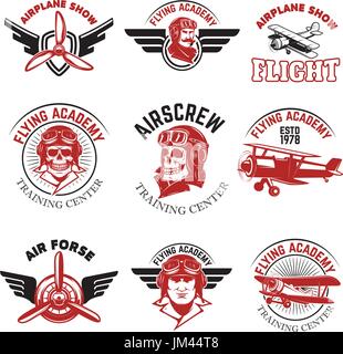 Jeu d'avion, de l'armée de l'air show, flying academy emblèmes. Les avions d'époque. Éléments de conception pour le logo, d'un insigne, label. Vector illustration. Illustration de Vecteur