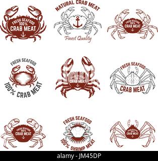 Ensemble d'étiquettes de la chair de crabe. Fruits de mer frais. Éléments de conception pour le label, logo, emblème, signe. Vector illustration. Illustration de Vecteur