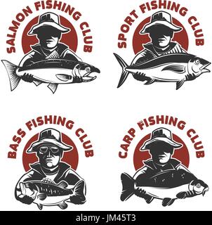 Ensemble d'étiquettes fishing club templates. Silhouette Pêcheur de poissons. Éléments de conception pour le logo, emblème, signe, marque de marque. Vector illustration. Illustration de Vecteur