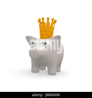 Cute tirelire avec une couronne d'or sur un fond blanc, 3D Rendering Banque D'Images