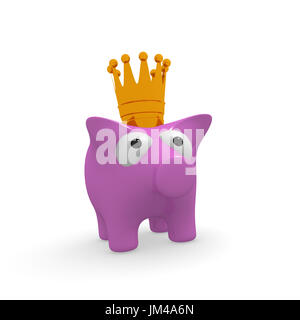 Cute pink piggy bank avec une couronne d'or sur un fond blanc, 3D Rendering Banque D'Images