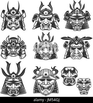 Jeu de masques et casques de samouraï sur fond blanc. Éléments de conception pour le label, logo, emblème, signe. Vector illustration Illustration de Vecteur