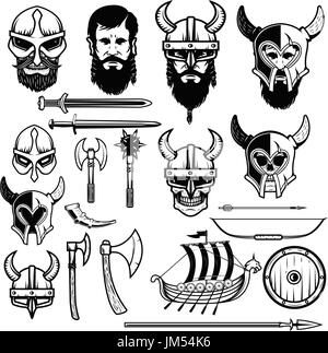 Ensemble d'icônes de vikings. Les armes, les navires vikings, des casques. Éléments de conception pour le label, logo, emblème, signe. Vector illustration Illustration de Vecteur