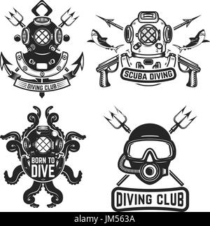 Ensemble de casques de plongée vintage. Emblèmes de plongeur. Diver arme. Vector illustration Illustration de Vecteur