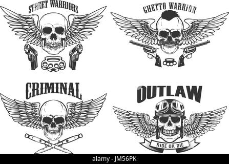 Outlaw, street warriors. Ensemble de winged skulls avec arme. Éléments de conception pour emblème, signe, étiquette, t-shirt. Vector illustration Illustration de Vecteur