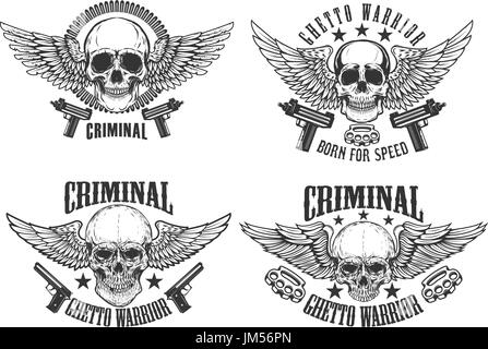 Outlaw, street warriors. Ensemble de winged skulls avec arme. Éléments de conception pour emblème, signe, étiquette, t-shirt. Vector illustration Illustration de Vecteur