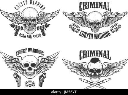 Outlaw, street warriors. Ensemble de winged skulls avec arme. Éléments de conception pour emblème, signe, étiquette, t-shirt. Vector illustration Illustration de Vecteur