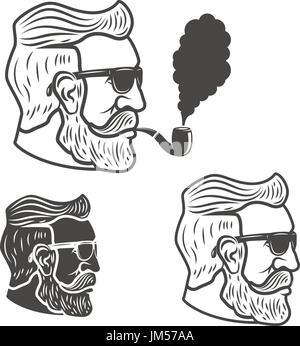 Tête d'homme barbu avec pipe isolé sur fond blanc. Vector illustration. Illustration de Vecteur