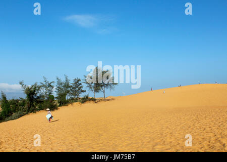 Vietnamienne avec elle coulisser les cartes pour louer à des dunes de sable rouge de Mui Ne, Banque D'Images