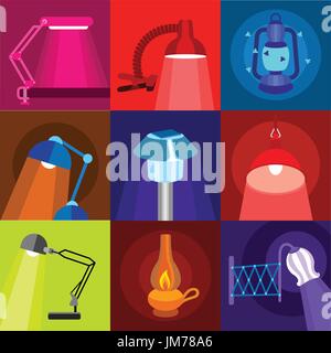 Lampes à différents icons set, style plat Illustration de Vecteur