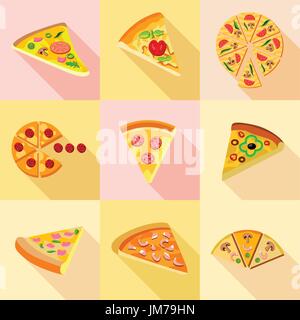Différents types de pizza icons set, style plat Illustration de Vecteur