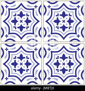 - Azulejo carreaux portugais design, motif bleu vectoriel continu, l'ensemble de mosaïques rétro Illustration de Vecteur