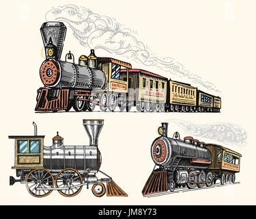 Vintage, gravé à la main, vieille locomotive ou train à vapeur avec le chemin de fer américain. retro transport. Illustration de Vecteur