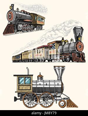 Vintage, gravé à la main, vieille locomotive ou train à vapeur avec le chemin de fer américain. retro transport. Illustration de Vecteur