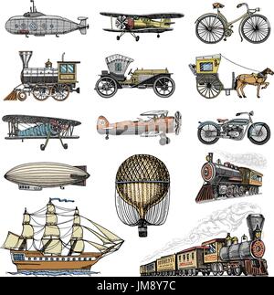 Sous-marin, bateau, voiture, moto, en calèche. airship dirigeable ou, montgolfière, avion, de rafles de locomotive. gravés à la main dans de vieux croquis, style vintage passagers du transport. Illustration de Vecteur