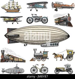 Sous-marin, bateau, voiture, moto, en calèche. airship dirigeable ou, montgolfière, avion, de rafles de locomotive. gravés à la main dans de vieux croquis, style vintage passagers du transport. Illustration de Vecteur