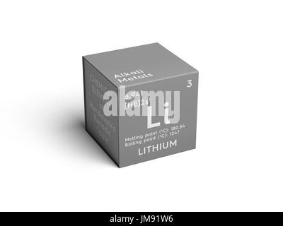 Le Lithium. Métaux alcalins. L'élément chimique du tableau périodique de Mendeleïev. Lithium dans square cube creative concept. Banque D'Images