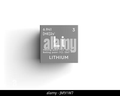 Le Lithium. Métaux alcalins. L'élément chimique du tableau périodique de Mendeleïev. Lithium dans square cube creative concept. Banque D'Images