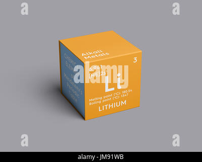 Le Lithium. Métaux alcalins. L'élément chimique du tableau périodique de Mendeleïev. Lithium dans square cube creative concept. Banque D'Images