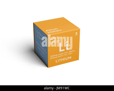Le Lithium. Métaux alcalins. L'élément chimique du tableau périodique de Mendeleïev. Lithium dans square cube creative concept. Banque D'Images