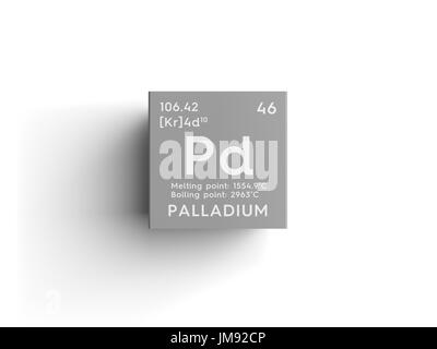 Le Palladium. Les métaux de transition. L'élément chimique du tableau périodique de Mendeleïev. Le palladium dans square cube creative concept. Banque D'Images