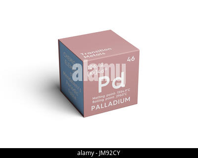 Le Palladium. Les métaux de transition. L'élément chimique du tableau périodique de Mendeleïev. Le palladium dans square cube creative concept. Banque D'Images