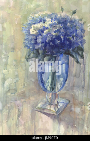 Fleurs dans un vase bleu aquarelle Banque D'Images