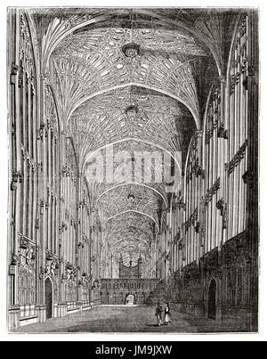 Vue ancienne de l'intérieur de la chapelle de King's College à Cambridge, Royaume-Uni. Par auteur non identifié, publié le Magasin Pittoresque, Paris, 1837. Banque D'Images